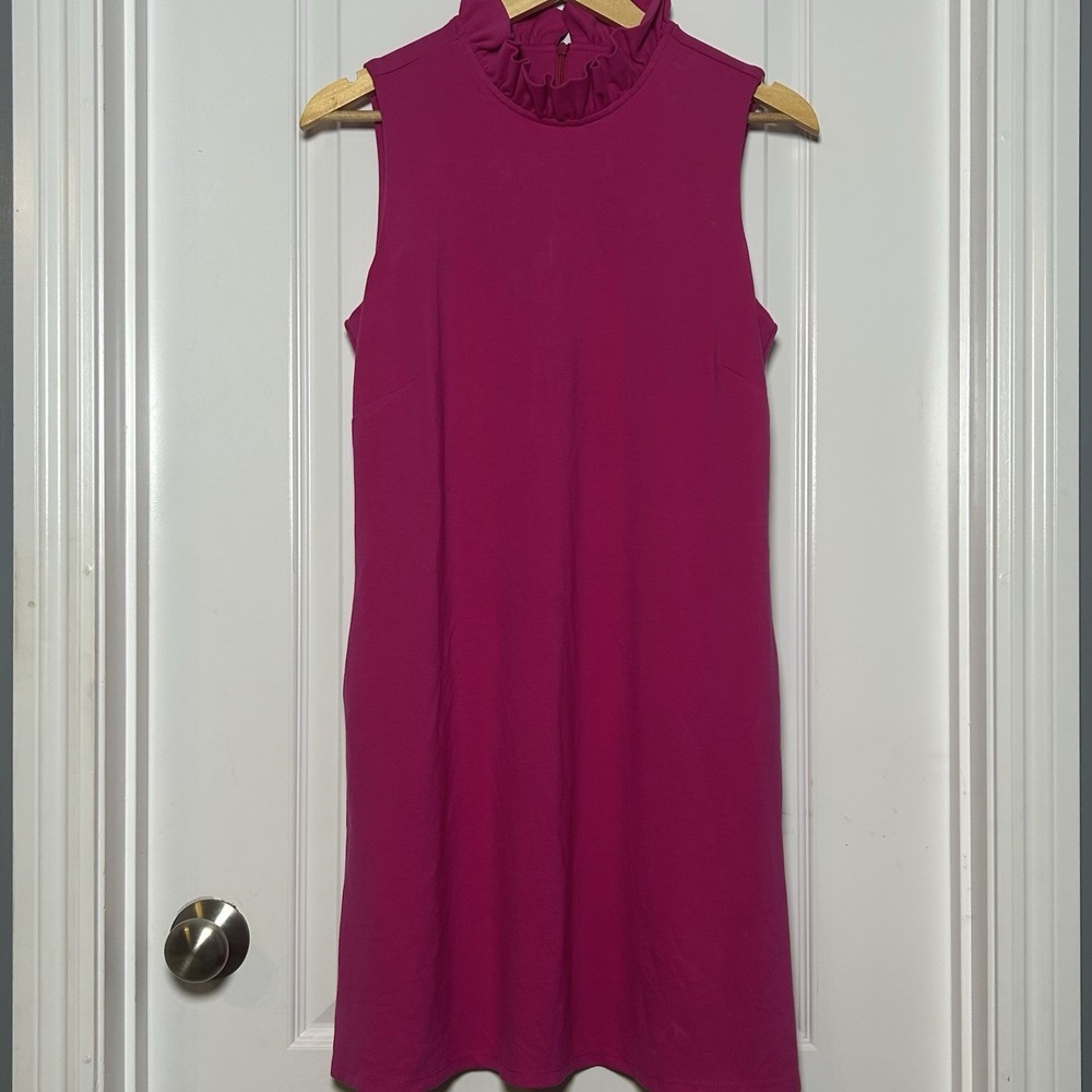 Jude Connally Magenta Mock Pleated Ruffle Collar Sleeveless Avery Shift Dress